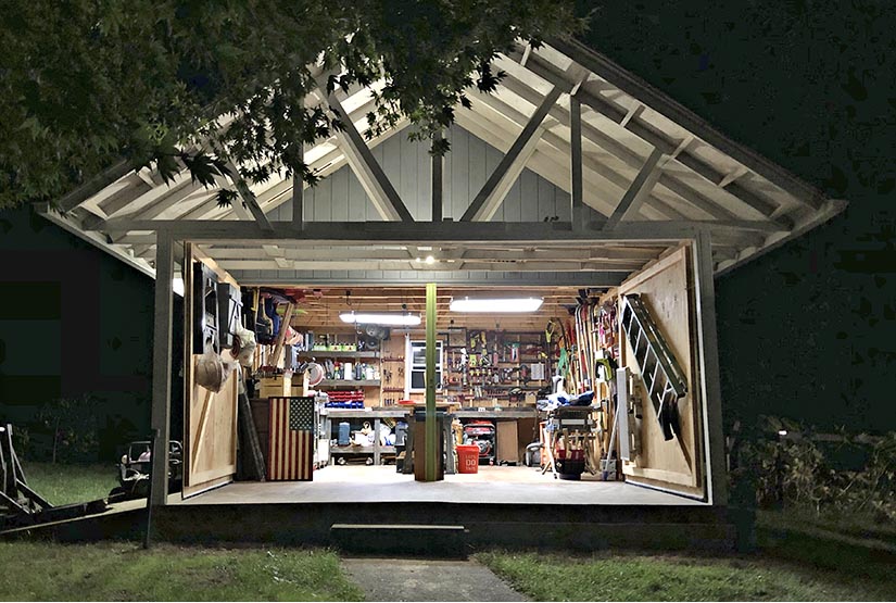 Night shot of garage tool shop.
