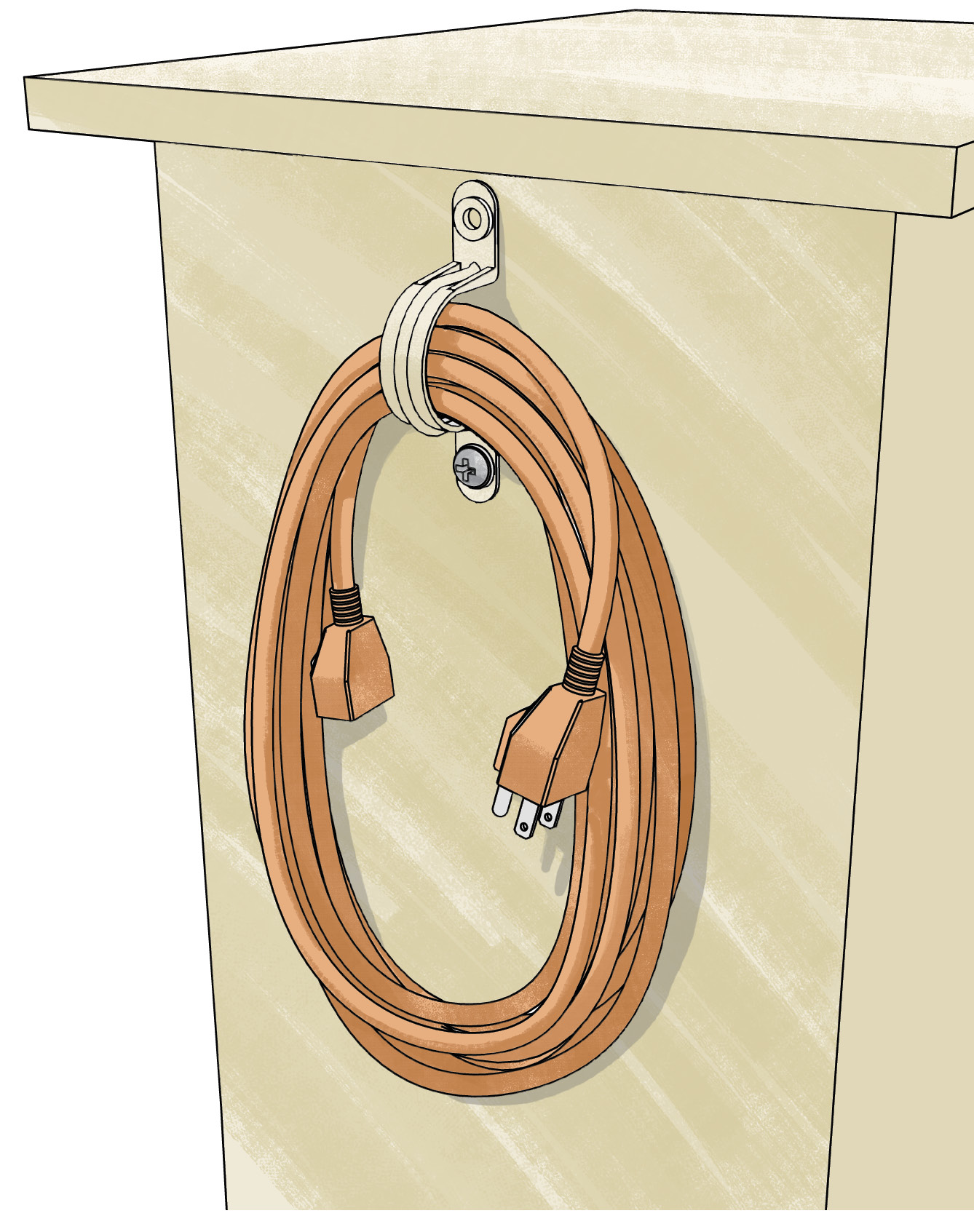 Drawing of conduit holder on side of cabinet with extension cord