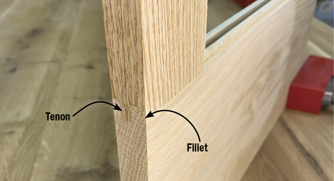 Photo of workpiece with tenon and fillet labeled