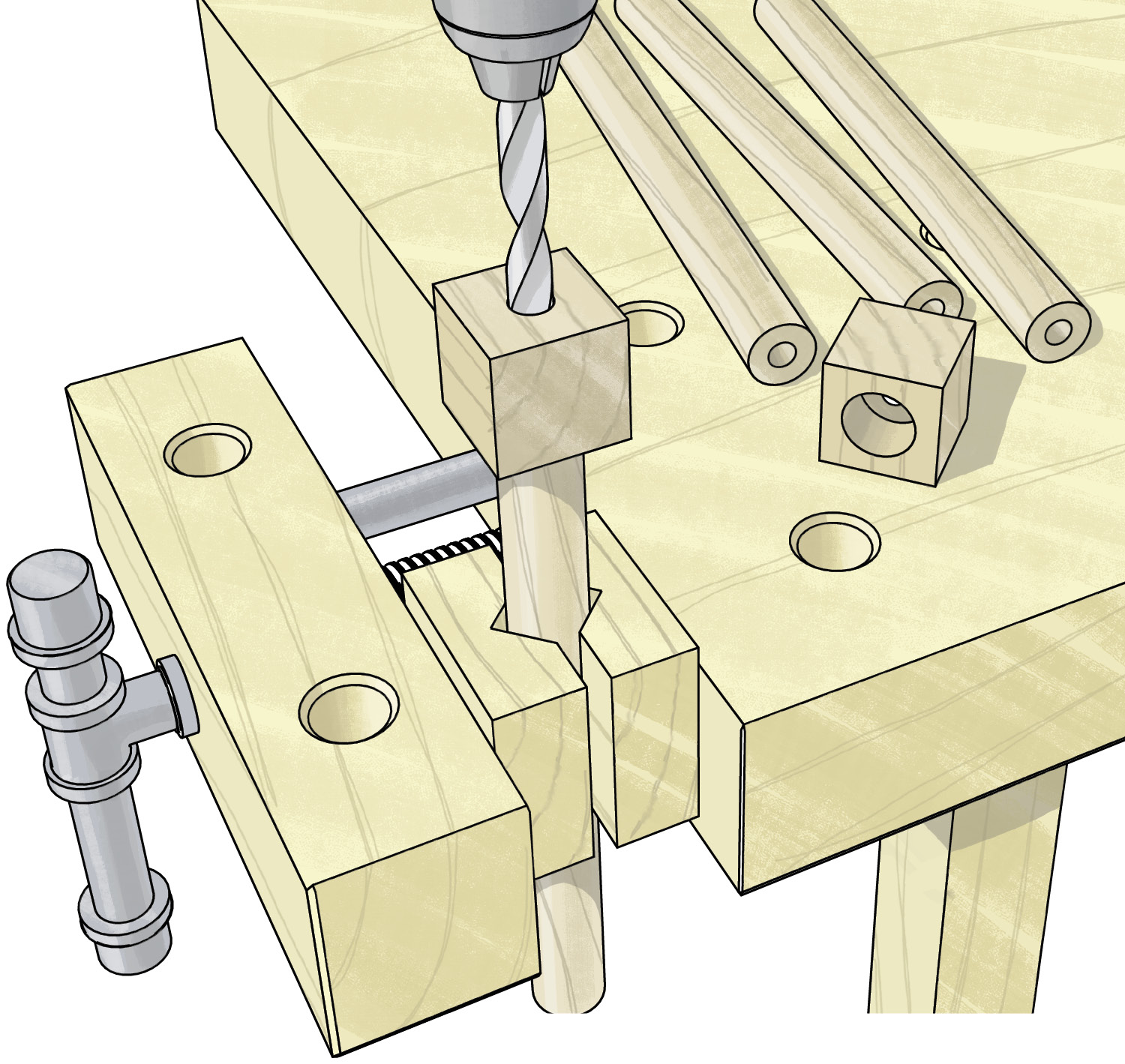 Drawing of dowel drilling in bench clamp
